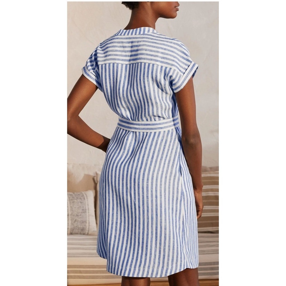 Boden Evie Blue White Striped Linen Short Sleeve Shirt Dress Pockets 6 P No Belt - Picture 2 of 11